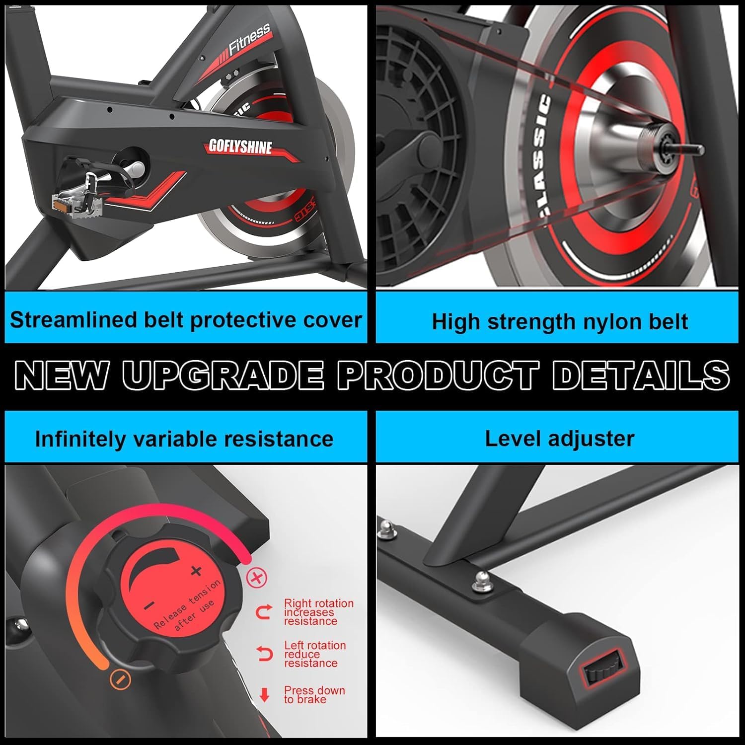 GoFlyShine exercise bike resistance knob and emergency brake